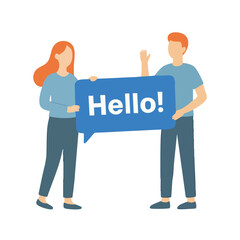 Flat Cartoon Style Illustration People Holding Speech Bubble with Hello Word