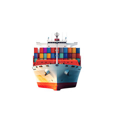 Large cargo ship with colorful containers at sea red on transparent background