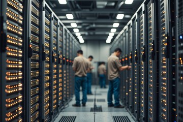 Fototapeta premium Server room technicians working on data storage