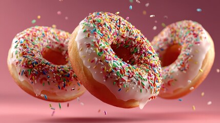 Colorful Sprinkled Donuts Floating on Pink Background with Sprinkles Falling Down