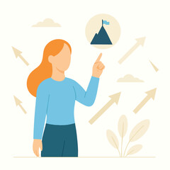 Minimalist Flat Illustration of Woman Reaching Target Goal Achievement Concept