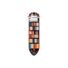 Aerial view of a large cargo ship with colorful on transparent background sea top
