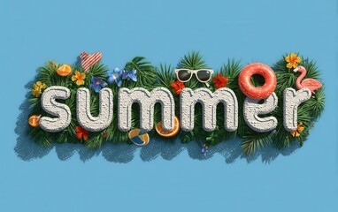 Vibrant Summer Lettering Surrounded by Tropical Elements on a Bright Blue Background