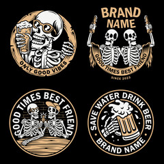 High-quality vector set. Skulls with beer mugs, bottles, and pints. Perfect for creating unique t-shirts, labels, and bar decor.