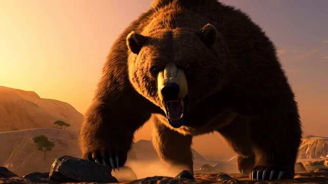 Aggressive bear roaring in a desert landscape during sunset, with open jaws and intense expression, surrounded by rocky hills and dramatic lighting.