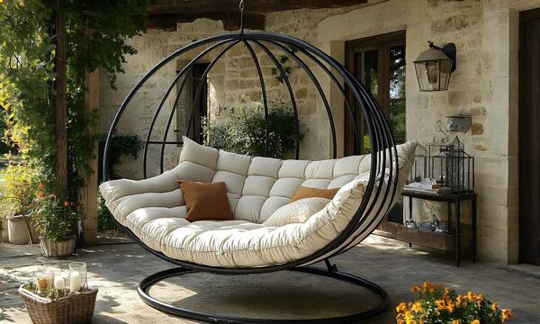 Comfortable outdoor hanging swing chair with beige cushions on a patio.