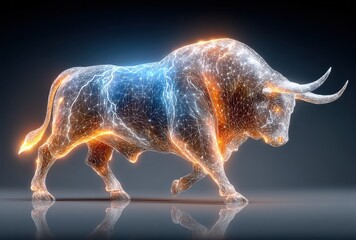Electric Bull in Abstract Digital Art with Glowing Lines and Futuristic Design Elements