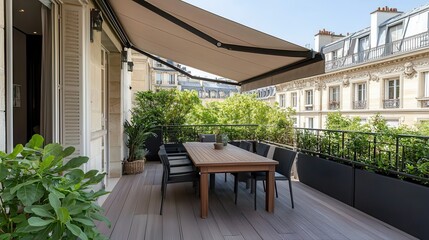 Elegant Balcony with Dining Set and Greenery in Parisian Setting
