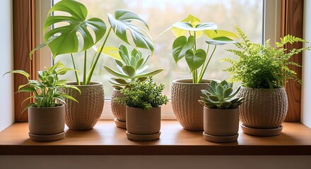 Fototapeta premium Indoor houseplants in ceramic pots on sunny windowsill, modern home decor with monstera, succulents, and ferns, natural light, minimalist healthy living greenery inspiration