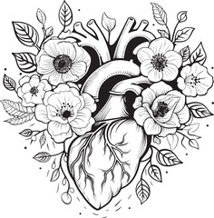Floral Botanical Heart Black Anatomical Vector Emblem Logo Anatomical Floral Heart Black Vector Botanical Emblem Design