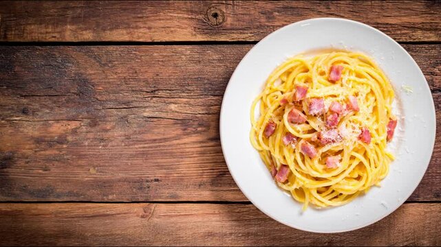 A delicious plate of spaghetti carbonara served on a rustic wooden table.