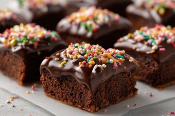 Schokokuchen mit Glasur Schokoladenkuchen Brownie mit Streuseln Schokowürfel Blechkuchen Hausgemacht Kakaokuchen Schokodessert Geburtstagskuchen Süßer Snack Kuchenfoto Foodfotografie Kuchengenuss