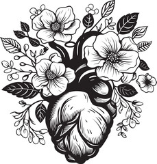 Vector Emblem Anatomical Floral Heart Black Botanical Symbol Anatomical Heart with Flowers Black Vector Botanical Logo