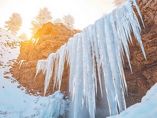 Majestic ice formations cascade from rocky cliffs, framed by a soft golden light filtering through snow-covered trees, creating a serene winter landscape.