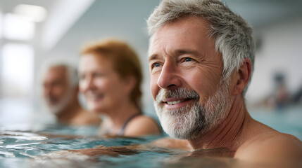 A happy man with a grey beard relaxing in a swimming pool with his friend