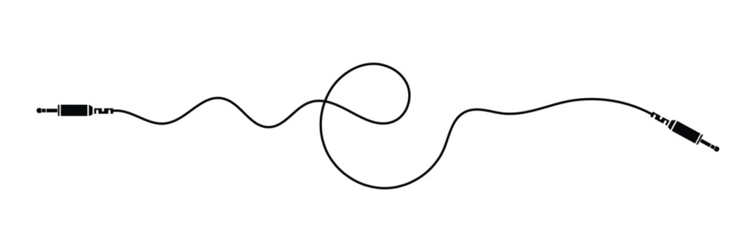 Audio jack 3.5 mm. Black stereo audio cable. Vector illustration. 3.5 mm stereo audio extension cable isolated . EPS 20 .