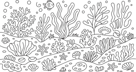 Fototapeta premium Underwater Coral Reef Coloring Page – Hand-Drawn Ocean Scene for Kids and Adults