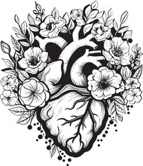 Vector Icon Anatomical Heart with Floral Black Botanical Logo Anatomical Floral Heart Vector Black Botanical Symbol Design
