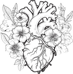 Anatomical Floral Heart Vector Black Botanical Symbol Design Anatomical Floral Heart Vector Logo Bold Black Botanical Icon