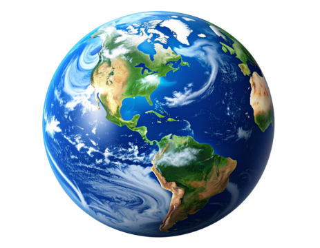 Realistic Planet Earth with Clouds and Atmospheric Glow, isolated on transparent background