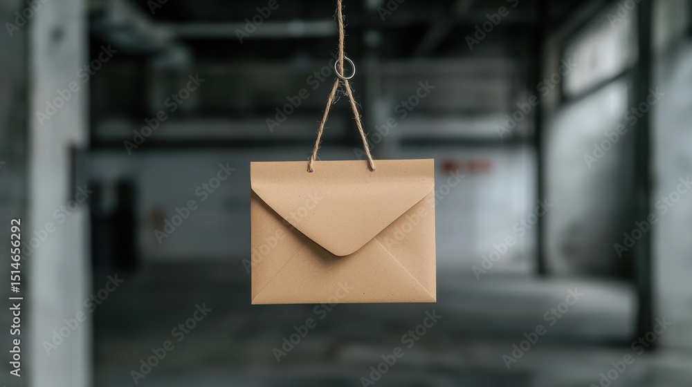 Poster hanging brown envelope on string in minimalist background