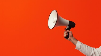 Hand Holding Megaphone Against Bright Orange Background