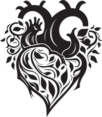 Botanical Floral Heart Anatomy Black Vector Logo with Artistic Touch Stylized Anatomical Floral Heart Black Vector Emblem for Modern Logos
