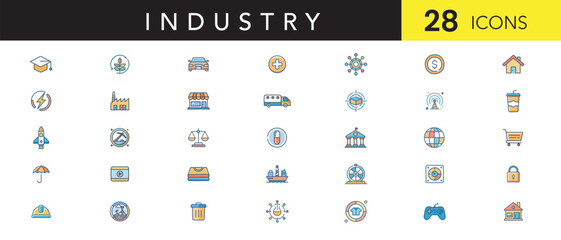 Industry Line Art Color Icon Set – Minimal Industrial Icons for Manufacturing, Factory, Engineering, Automation