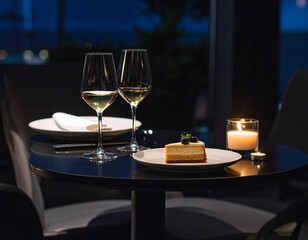 Elegant Dinner Firefly Ambiance, Minimalist Setting, Exquisite Cake and Wine