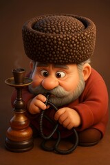 A grandfather with a thick grey beard and a cheerful expression, intently preparing to smoke from a small hookah next to him.