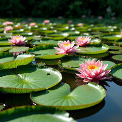 Expanses of vibrant green lily pads stretch across a tranquil pond, their rounded leaves floating serenely on the water's surface, glistening under the sunlight. Amongst this lush greenery, delicate p