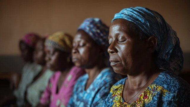 Women in Contemplation: Four African women, adorned in vibrant head wraps, sit side-by-side in quiet contemplation, their eyes closed in peaceful reflection.