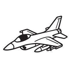 Vector artwork of a combat fighter jet in black and white, defined by thick black outlines for a clean, powerful military-style appearance.

