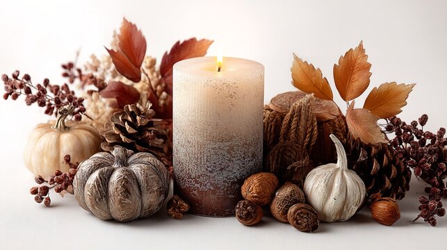 Autumn arrangement with candle pumpkins pinecones leaves and berries on a white background