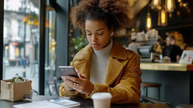 Woman using smartphone at cafe