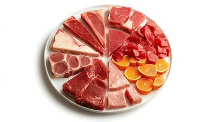 Raw beef cuts and orange slices arranged in a pie chart on a white plate