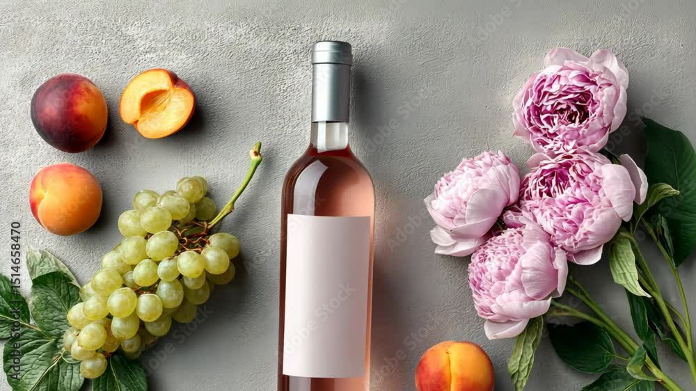 Aufkleber bottle of wine is on a table with a bunch of grapes and a peach. the bottle is empty and the grapes 