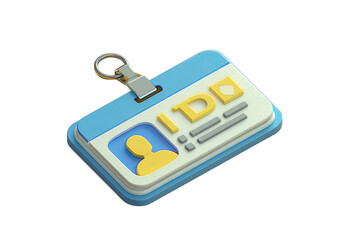 3D isometric illustration of a light-blue ID badge, attached to a metal key ring.  Yellow text and graphic elements
