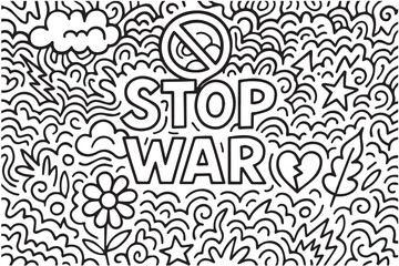 A monochrome doodle style vector background themed stop war, combining expressive hand drawn icons.