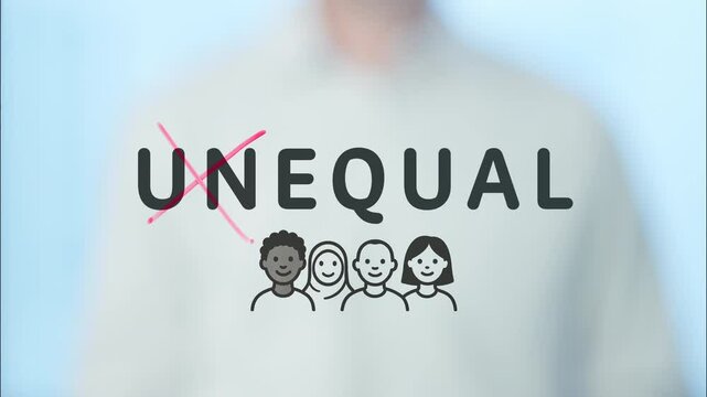 Experienced university professor strategically erasing word unequal on transparent board, symbolizing powerful message of equality, diversity, and social inclusion in educational setting