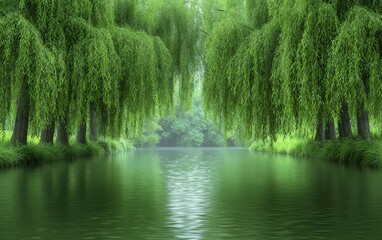 A serene landscape showcasing lush green willows arching over a tranquil river, reflecting the vibrant foliage and creating a peaceful, nature-filled atmosphere.
