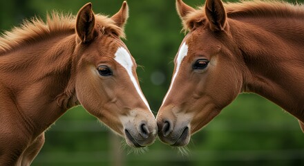 Fototapeta premium Adorable Chestnut Foals Touching Noses in a Lush Green Pasture: A Moment of Gentle Friendship