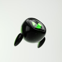 Cute robot flying with hands behind isolated over white background. Technology concept. 3d rendering.