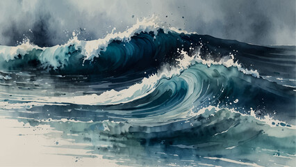 "Dynamic watercolor painting depicting powerful ocean waves crashing with splashes foam. hints of warm tones create a dramatic seascape full of energy and movement, evoking the raw force of nature"