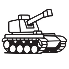 A detailed black and white vector tank illustration, using thick black outlines to highlight its aggressive form, treads, and cannon features.

