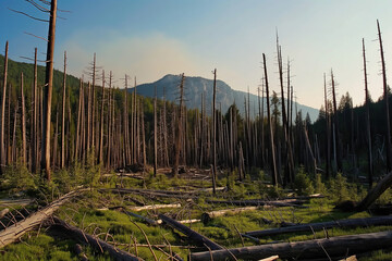 landscape of austria with dead forest, green grass and shrubs, fallen trunks, mountain range in background, borkenkäfer, photorealistic, OeBV
