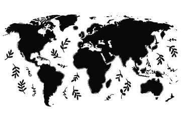 Global earth map illustration on a black background showing continents like Europe, America, and Asia, a perfect vector for travel and business geography