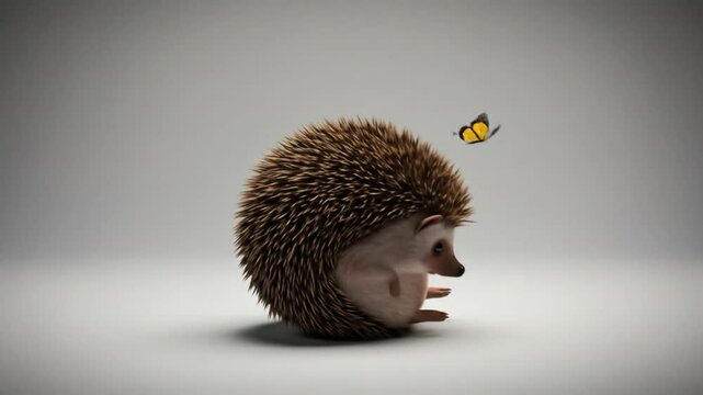 Whimsical Encounter: A spiky hedgehog gazes with delight at a fluttering butterfly, set against a clean backdrop to highlight the delicate interaction