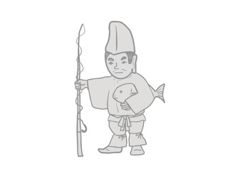 An illustration of Ebisu, one of the Seven Lucky Gods, standing with a fishing rod and sea bream.