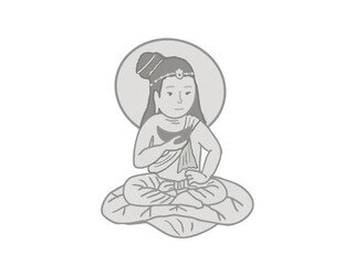 Illustration of a statue of the Bodhisattva Getsuten sitting and holding the moon in one hand